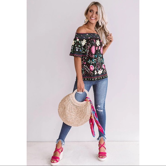 Black Floral Off-The-Shoulder Shift Top - Picture 4 of 6
